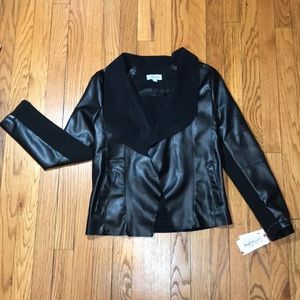 Coffeshop faux leather drape front jacket